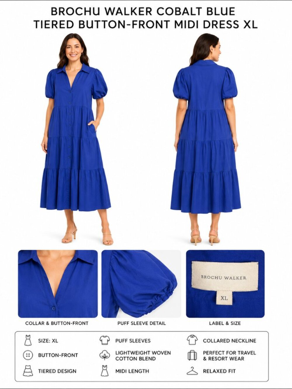 BROCHU WALKER COBALT BLUE TIERED MIDI DRESS XL